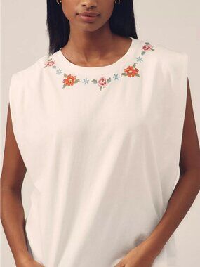 2025 ANTHROPOLOGIE $90 FARM RIO EMBROIDERED CROSS STITCH FLOWERS MUSCLE TEE S